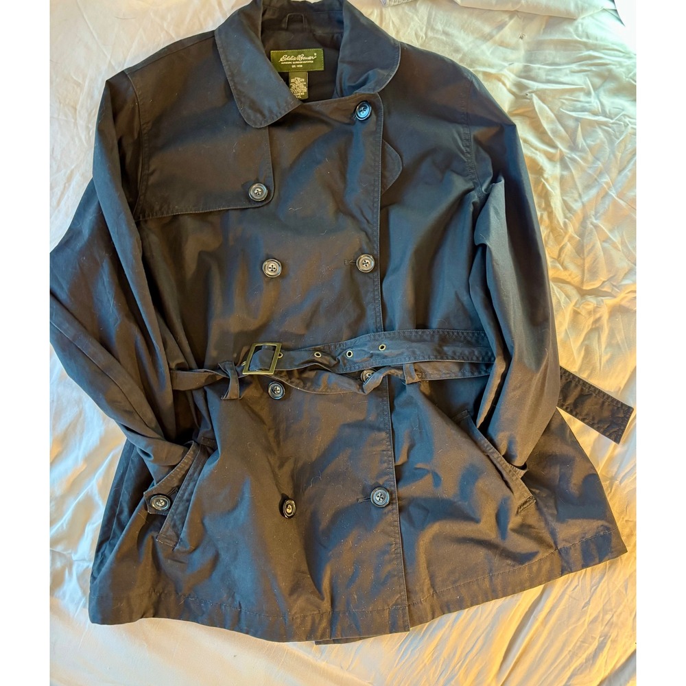 Eddie Bauer Womens Black Double Breasted Belted Trench Coat Jacket Size XL
